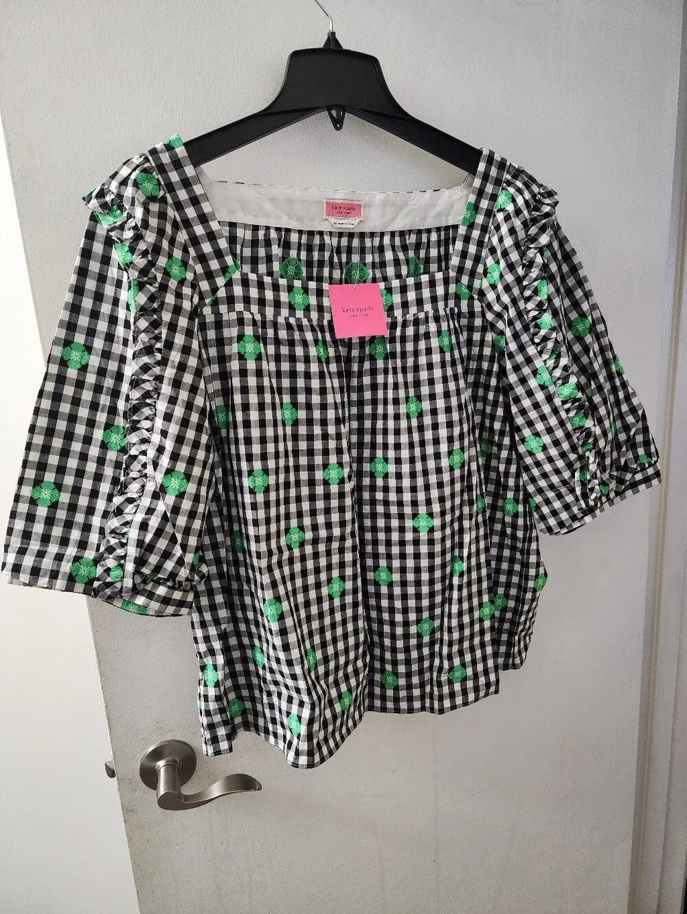 NWT KATE SPADE BLOUSE SIZE XLARGE WITH SHAMROCK DESIGN AND GINGHAM PATTERN